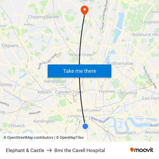 Elephant & Castle to Bmi the Cavell Hospital map