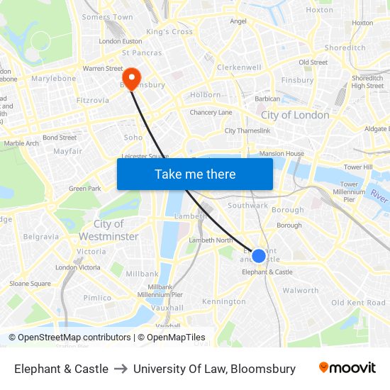 Elephant & Castle to University Of Law, Bloomsbury map
