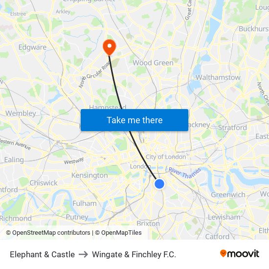 Elephant & Castle to Wingate & Finchley F.C. map