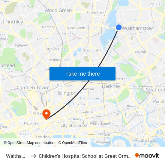 Walthamstow to Children's Hospital School at Great Ormond Street Hospital map