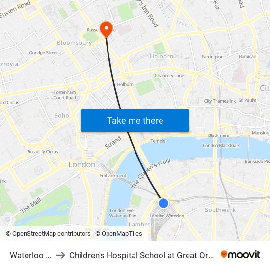 Waterloo Station to Children's Hospital School at Great Ormond Street Hospital map