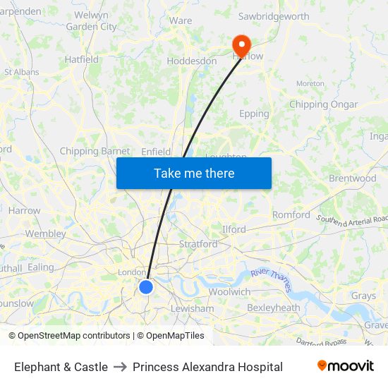 Elephant & Castle to Princess Alexandra Hospital map