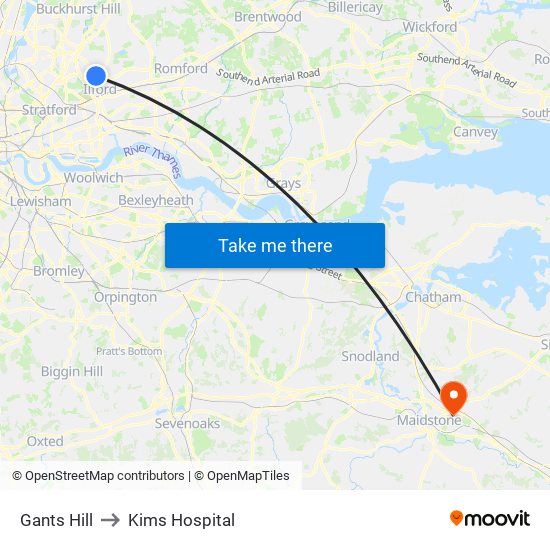 Gants Hill to Kims Hospital map