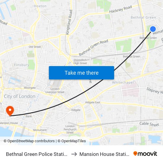 Bethnal Green Police Station to Mansion House Station map