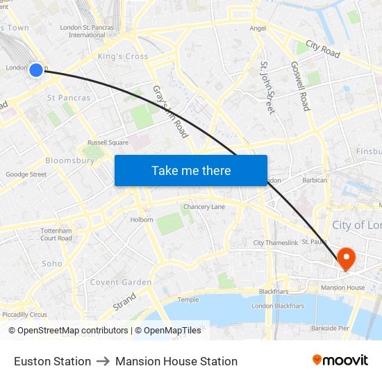 Euston Station to Mansion House Station map