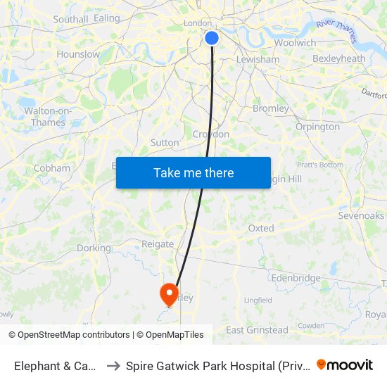 Elephant & Castle to Spire Gatwick Park Hospital (Private) map