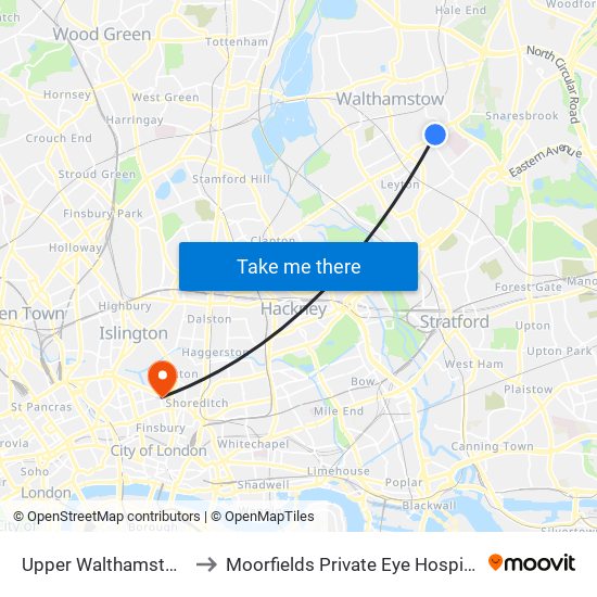 Upper Walthamstow to Moorfields Private Eye Hospital map