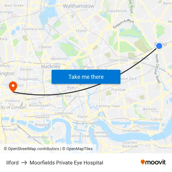 Ilford to Moorfields Private Eye Hospital map