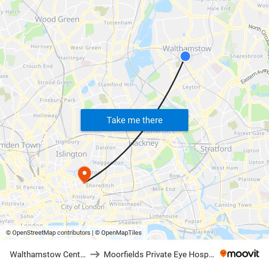 Walthamstow Central to Moorfields Private Eye Hospital map