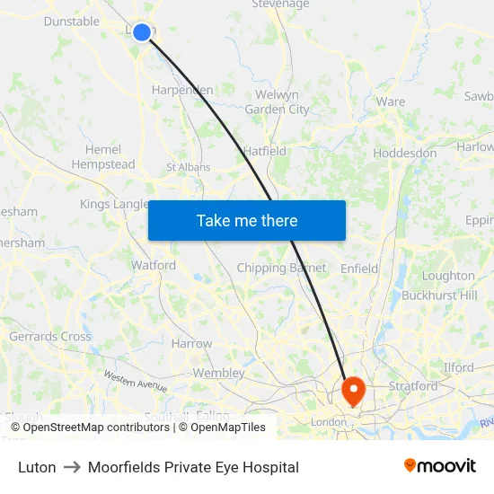 Luton to Moorfields Private Eye Hospital map