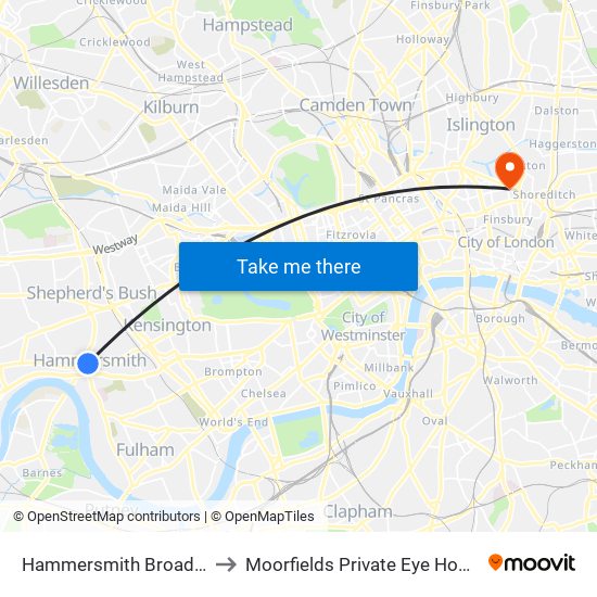 Hammersmith Broadway to Moorfields Private Eye Hospital map