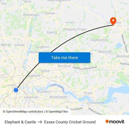 Elephant & Castle to Essex County Cricket Ground map