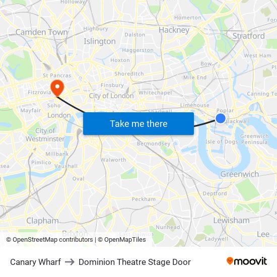 Canary Wharf to Dominion Theatre Stage Door map