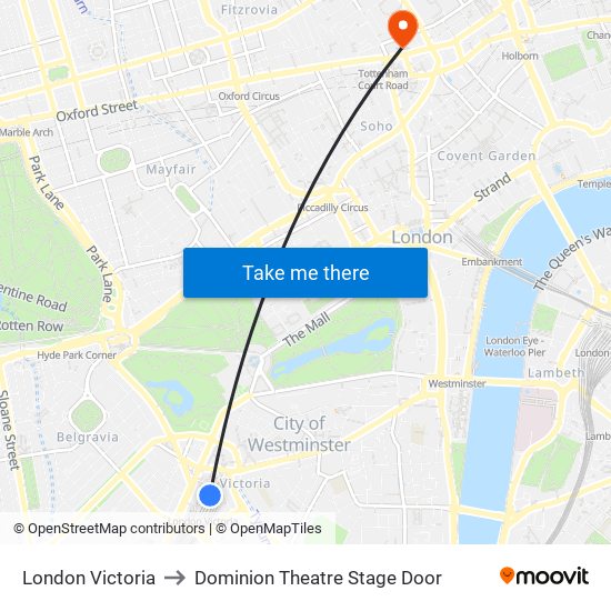 London Victoria to Dominion Theatre Stage Door map