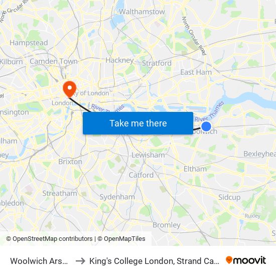 Woolwich Arsenal to King's College London, Strand Campus map