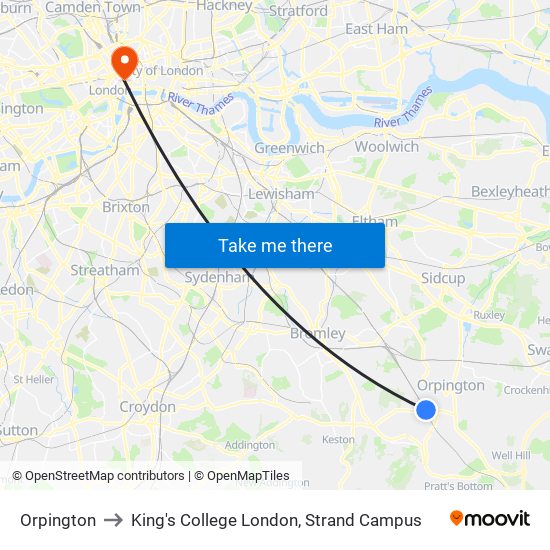 Orpington to King's College London, Strand Campus map