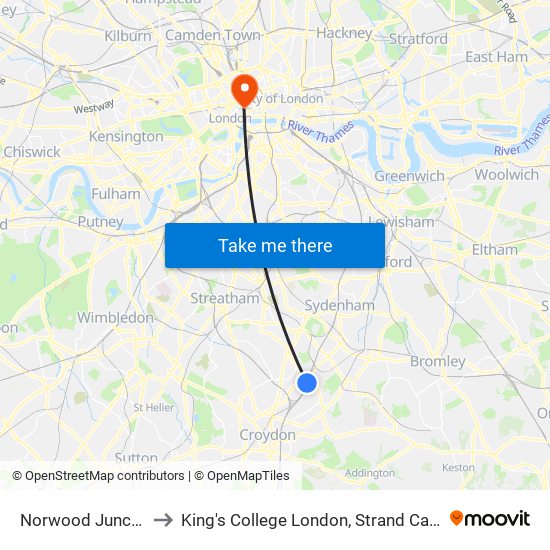 Norwood Junction to King's College London, Strand Campus map