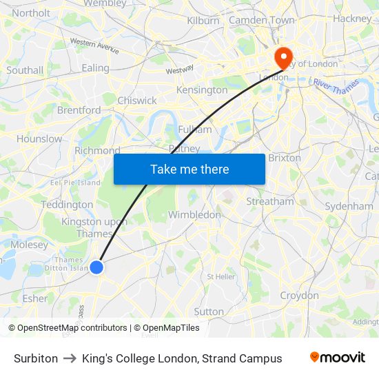 Surbiton to King's College London, Strand Campus map