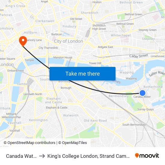 Canada Water to King's College London, Strand Campus map