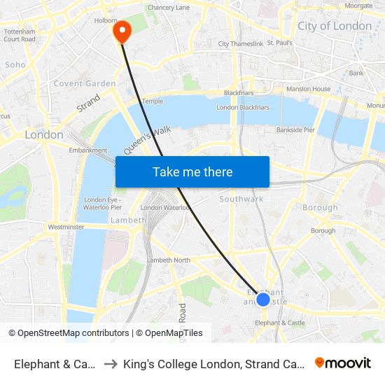 Elephant & Castle to King's College London, Strand Campus map