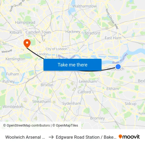 Woolwich Arsenal Station to Edgware Road Station / Bakerloo Line map