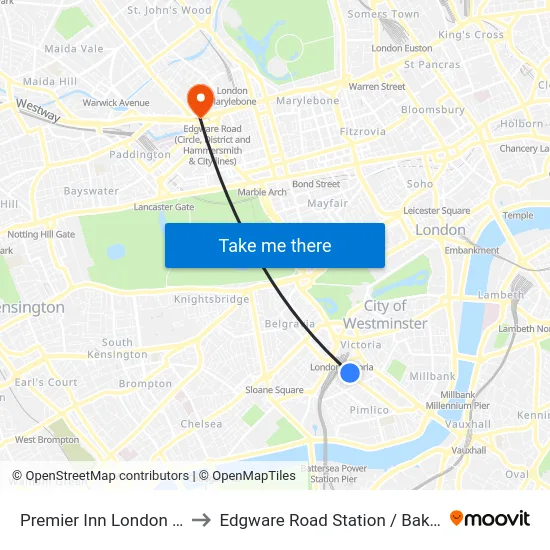 Premier Inn London Victoria to Edgware Road Station / Bakerloo Line map