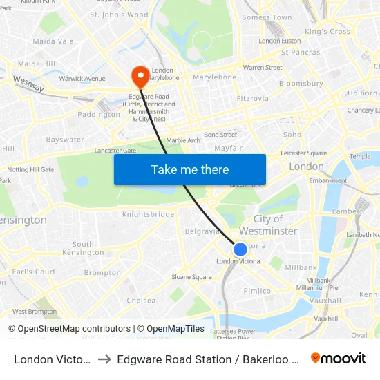 London Victoria to Edgware Road Station / Bakerloo Line map