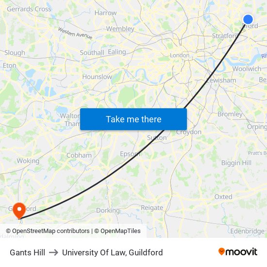 Gants Hill to University Of Law, Guildford map
