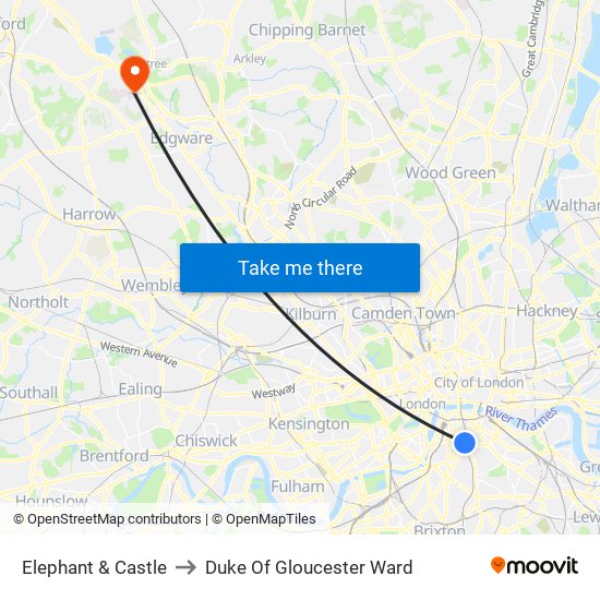Elephant & Castle to Duke Of Gloucester Ward map