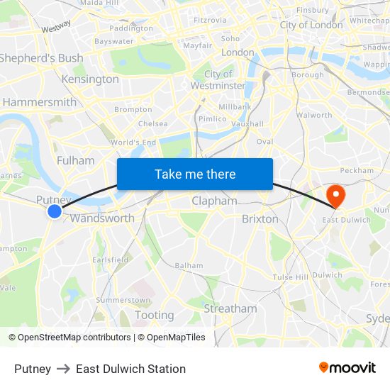 Putney to East Dulwich Station map