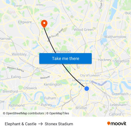 Elephant & Castle to Stonex Stadium map