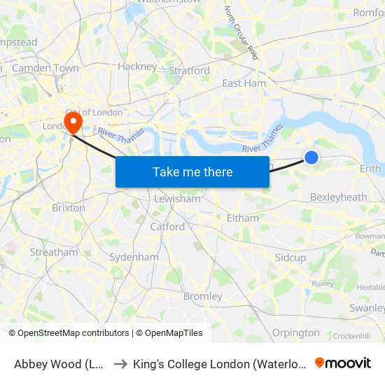 Abbey Wood (London) to King's College London (Waterloo Campus) map