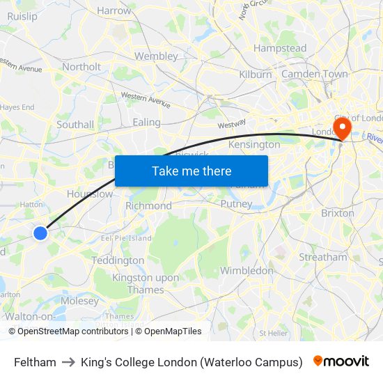 Feltham to King's College London (Waterloo Campus) map