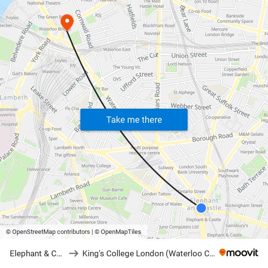 Elephant & Castle to King's College London (Waterloo Campus) map