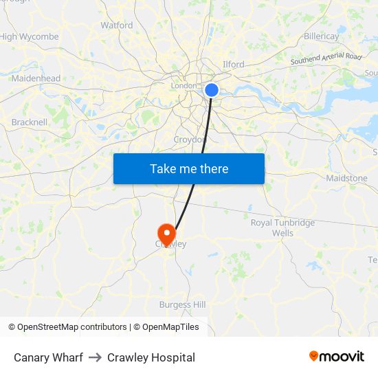 Canary Wharf to Crawley Hospital map