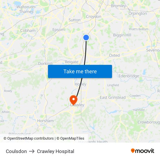 Coulsdon to Crawley Hospital map