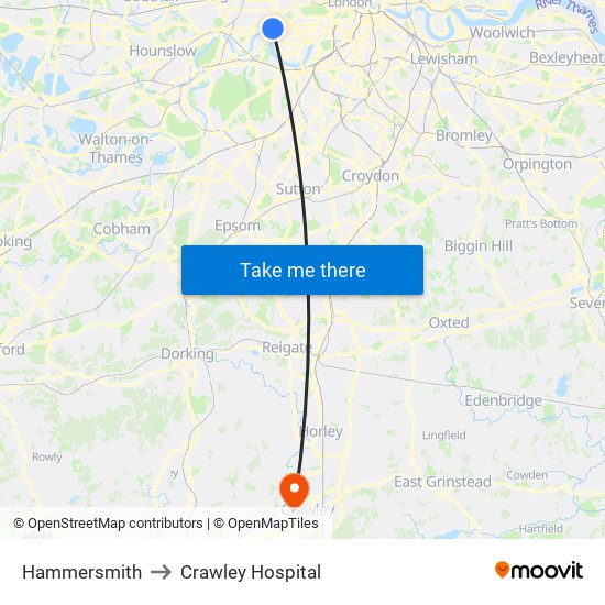 Hammersmith to Crawley Hospital map