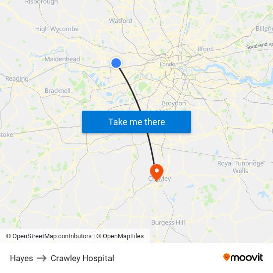 Hayes to Crawley Hospital map