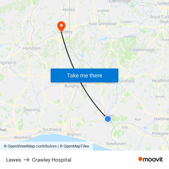 Lewes to Crawley Hospital map