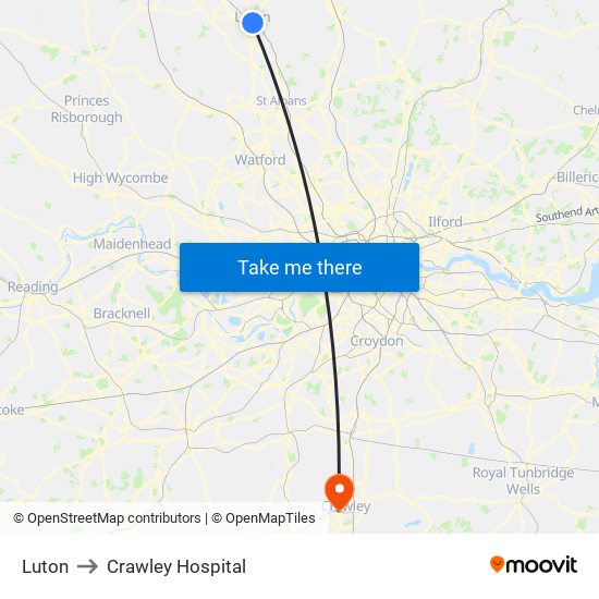 Luton to Crawley Hospital map