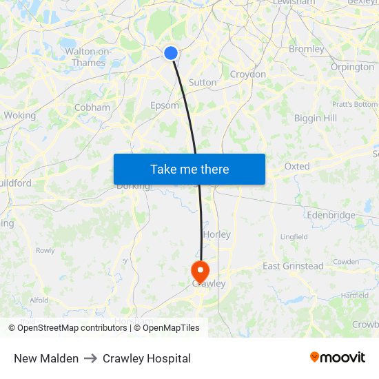 New Malden to Crawley Hospital map