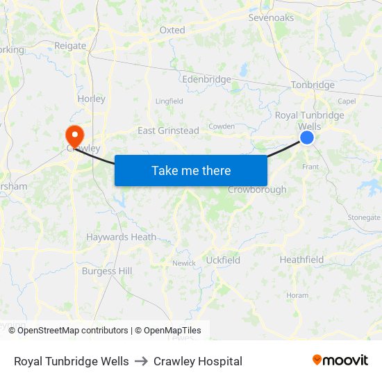 Royal Tunbridge Wells to Crawley Hospital map