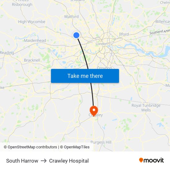 South Harrow to Crawley Hospital map