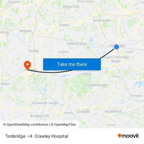 Tonbridge to Crawley Hospital map