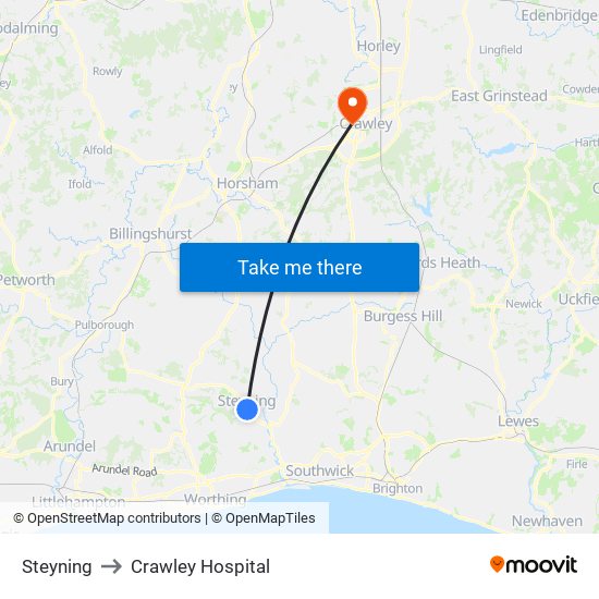 Steyning to Crawley Hospital map