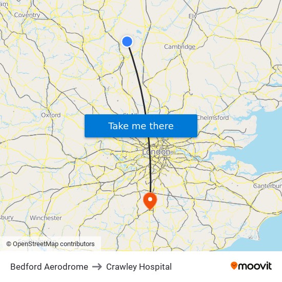 Bedford Aerodrome to Crawley Hospital map