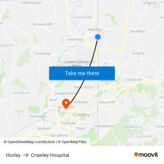 Horley to Crawley Hospital map