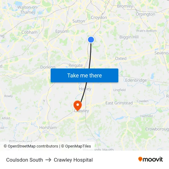 Coulsdon South to Crawley Hospital map