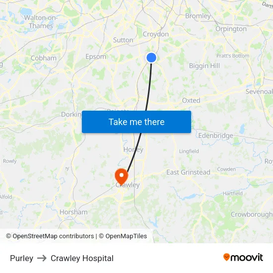 Purley to Crawley Hospital map