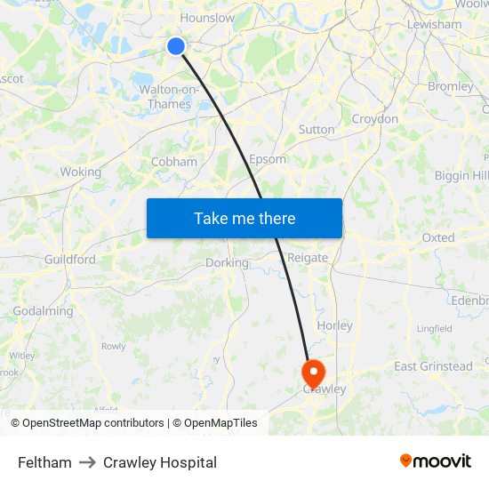 Feltham to Crawley Hospital map